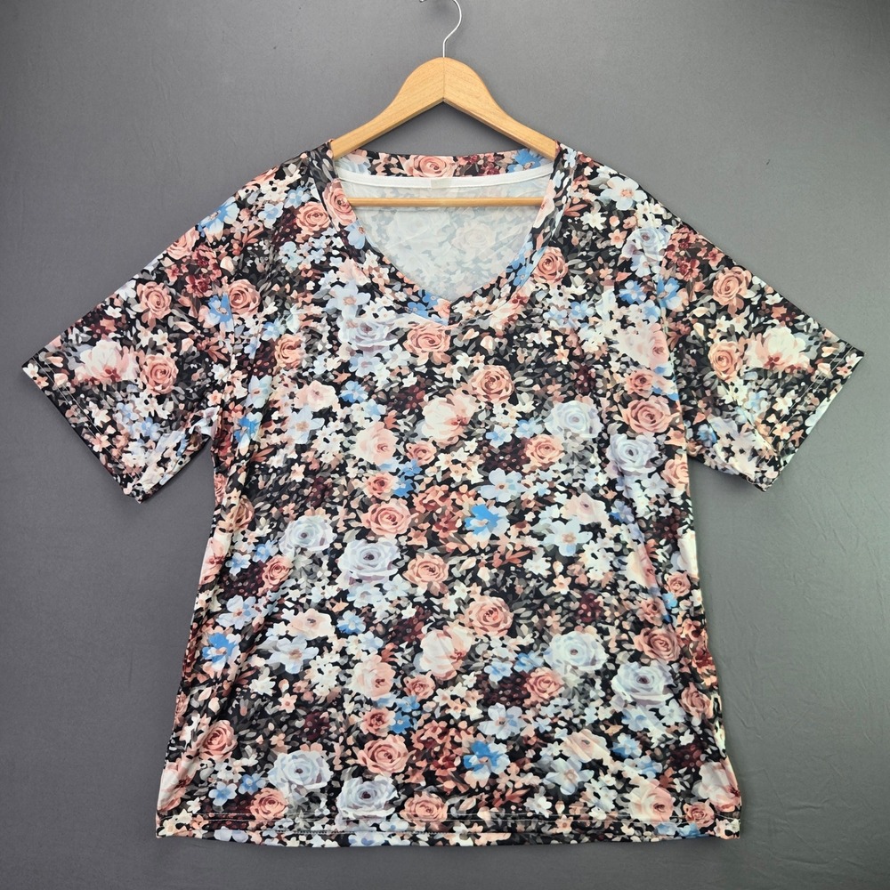 Unbranded Floral T-Shirt V-Neck Short Sleeve 2XL Multi-Color Rose Print Tee